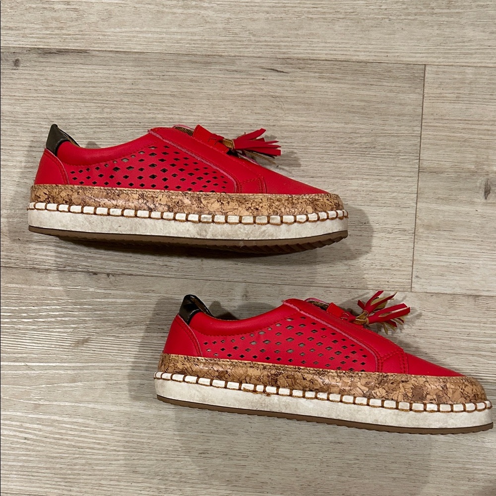 Red Tassel Slip-On Moccasins with Cork-Effect Sole - Picture 2 of 5